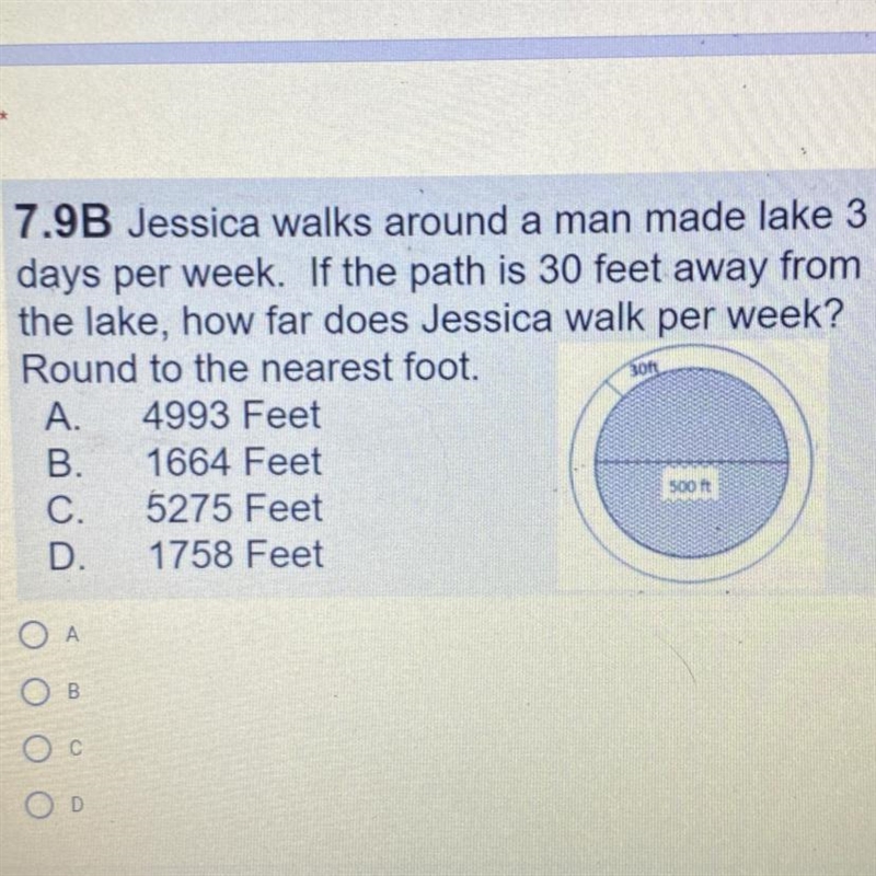 Jessica walks around a man made lake 3 days per week. If the path is 30 feet away-example-1