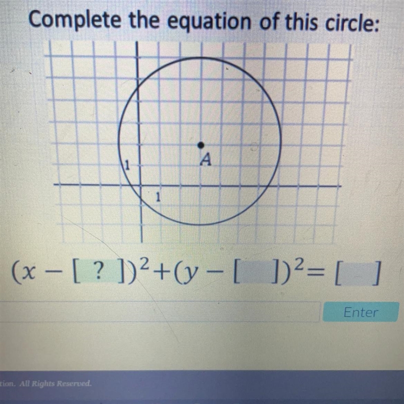 Complete the equation of this circle: А (x - [ ? ])2+(y - [ ])2= [ ]-example-1