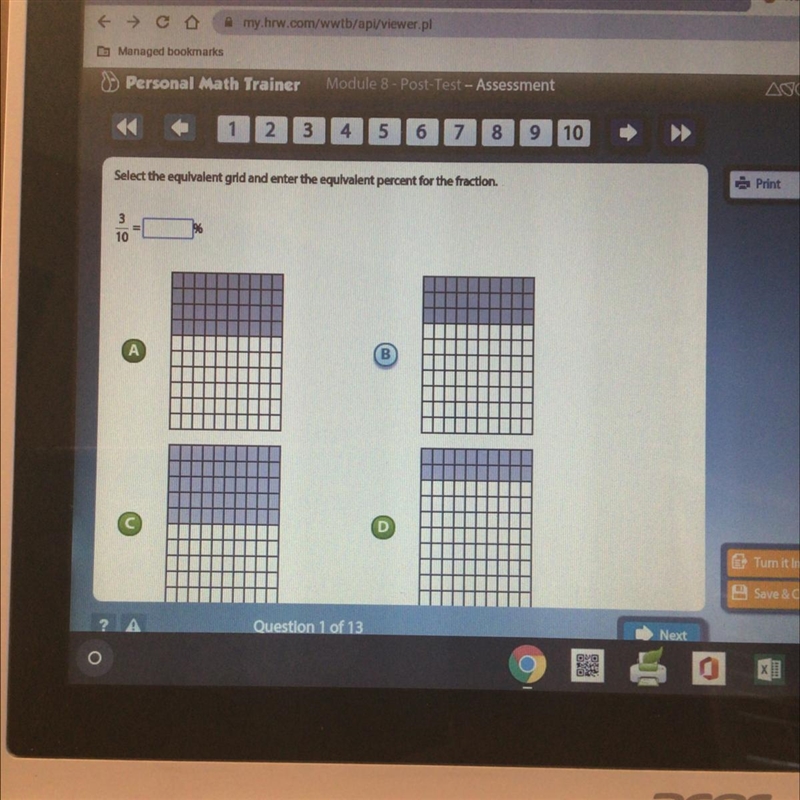 Select the equivalent grid and enter the equivalent percent for the fraction-example-1