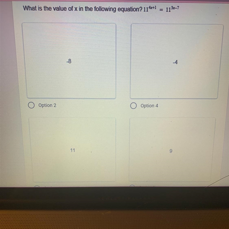 What is the value of x in the following equation? 11^4x+1= 11^3x-7-example-1