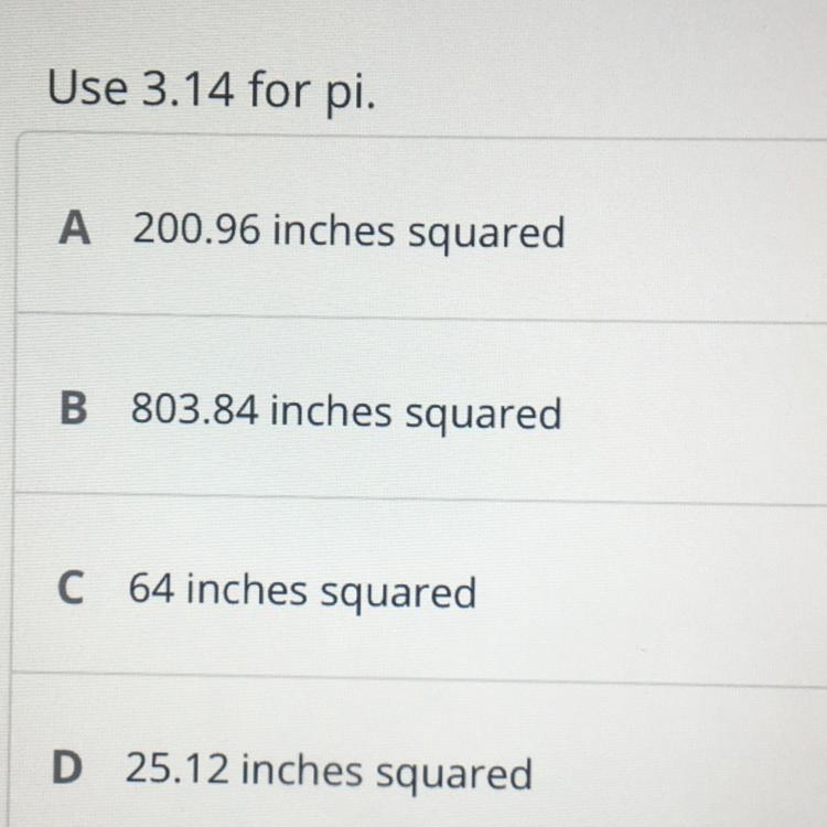 PLEASE HELP!!! The radius of a round pizza is 8 inches. What is the area of the pizza-example-1