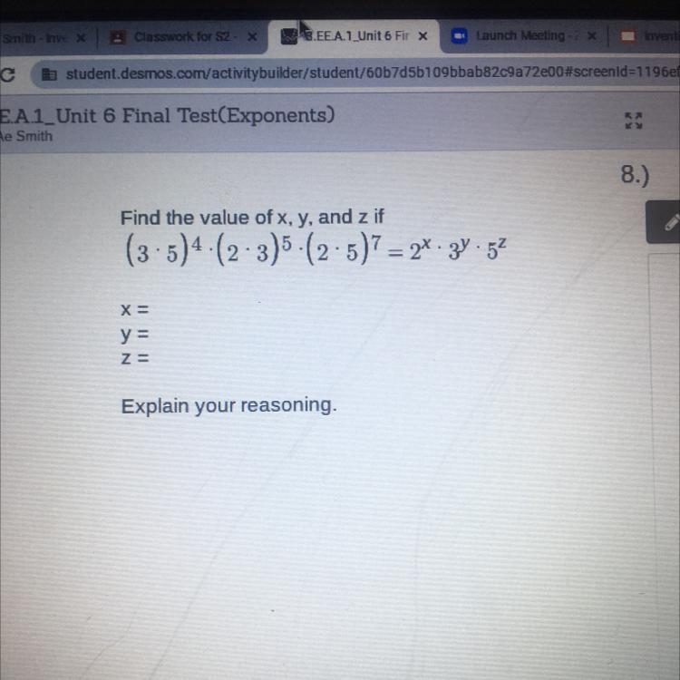 Find the value of x, y, and z if 5 X= y = Z=-example-1