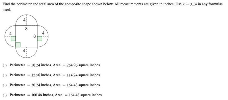 Find the perimeter and total area of the composite shape shown below. All measurements-example-1