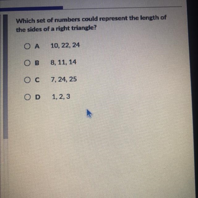 Which set of number could represent the length of the sides of a right triangle-example-1