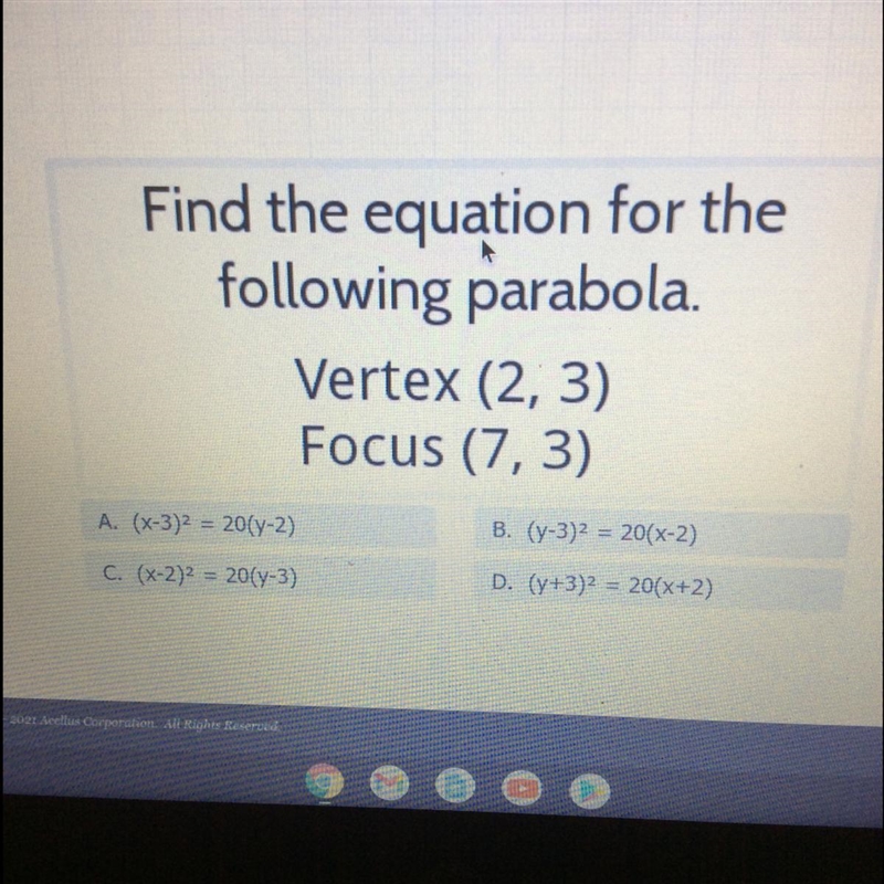 Find the equation for the following parabola. Vertex (2, 3) Focus (7,3)-example-1