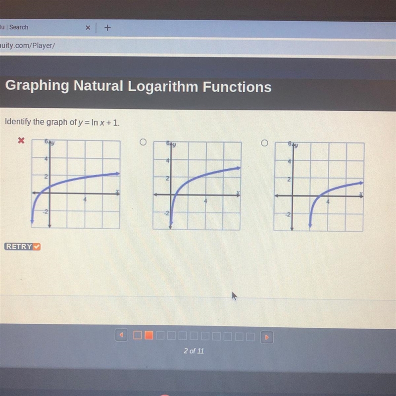 HURRY PLEASE!!!! Identify the graph of y = In x + 1. X 64 RETRY-example-1