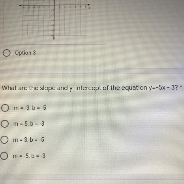 What are the slope and y intercept of the equition y=-5x-3-example-1