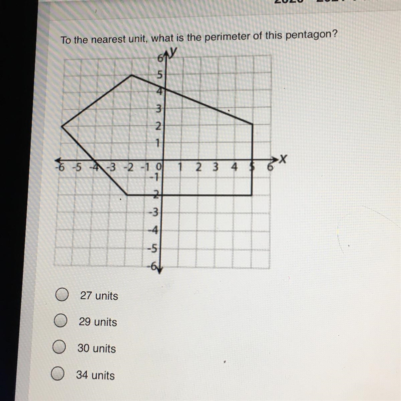 To the nearest unit, what is the perimeter of this pentagon? 5 4 3 2 1 65 -3 -2 -1 2 3 4 بي ط ا 27 units-example-1