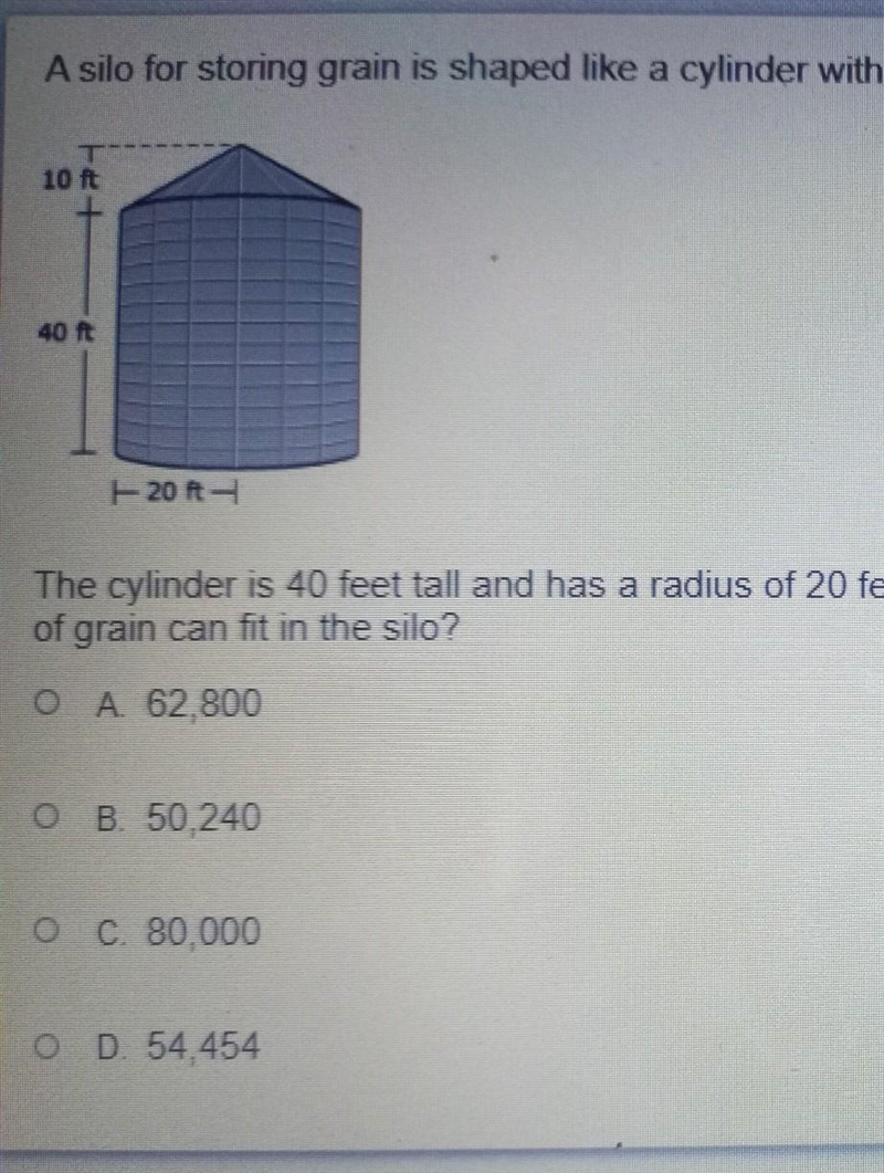 The Cylinder is 40 feet tall and has a radius of 20 feet. The cone is 10 feet tall-example-1