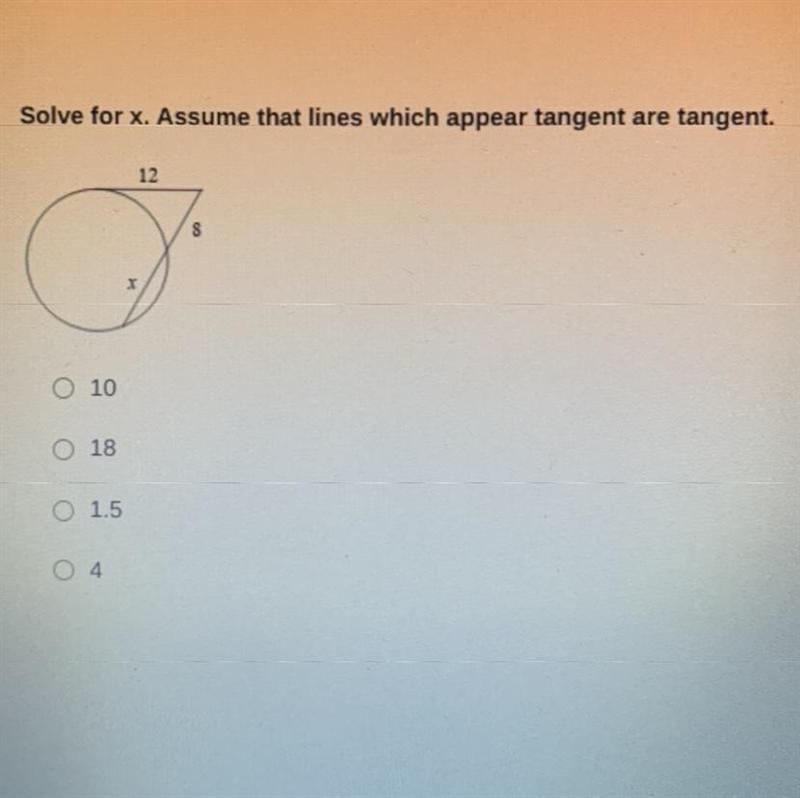 Solve for x. assuming that lines which appear tangent are tangent-example-1