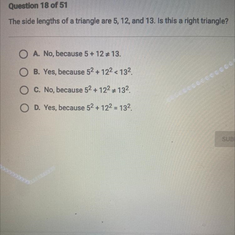 The side lengths of a triangle are 5, 12, and 13, is this a right triangle?-example-1