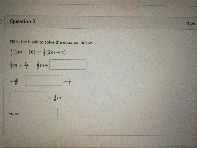 1/9 (2m - 16) = 1/3 (2m + 4) Please follow the steps in the picture!-example-1