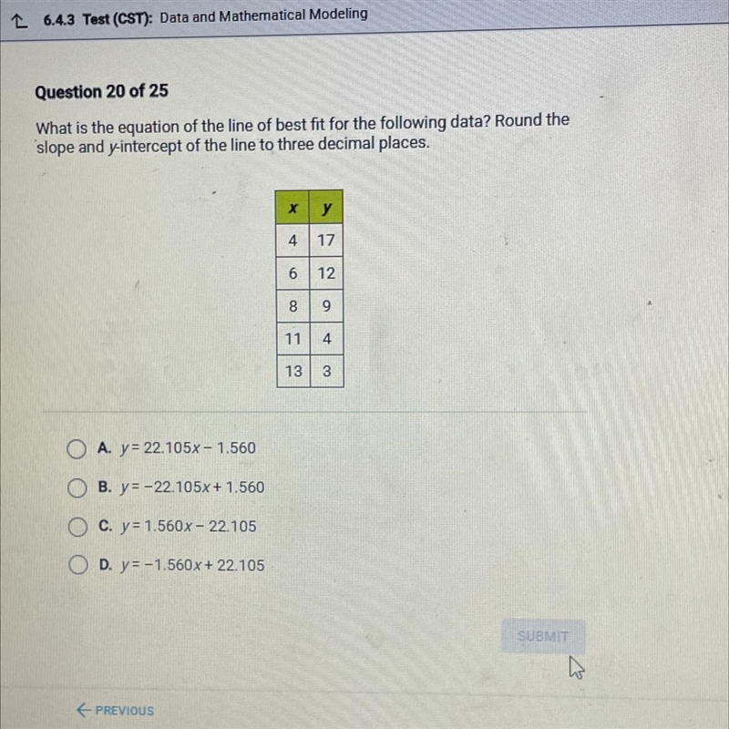 PLEASE HELP What is the equation of the line of best fit for the following data? Round-example-1