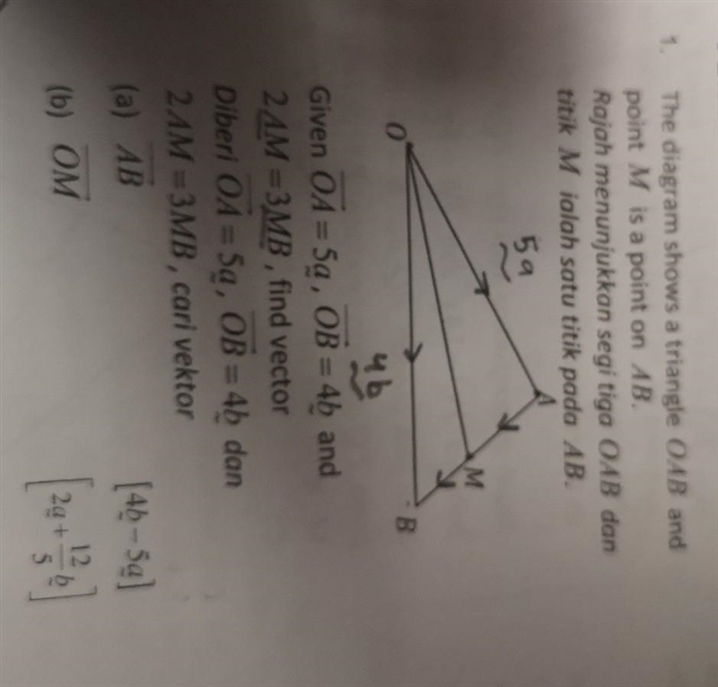 1. The diagram shows a triangle OAB and point M is a point on AB. Rajah menunjukkan-example-1