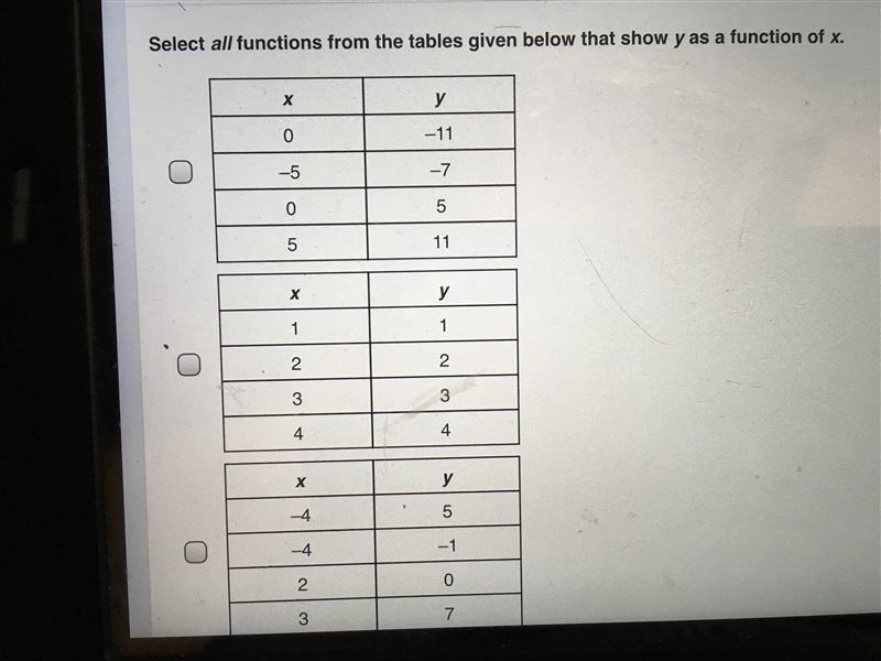 Select all functions from the table given below that show y as a function of x A. B-example-1