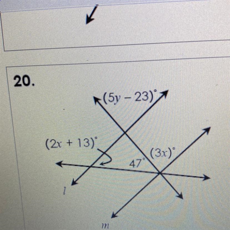 Find the value of x and y (5y-23) (2x+13) (3x) 47-example-1