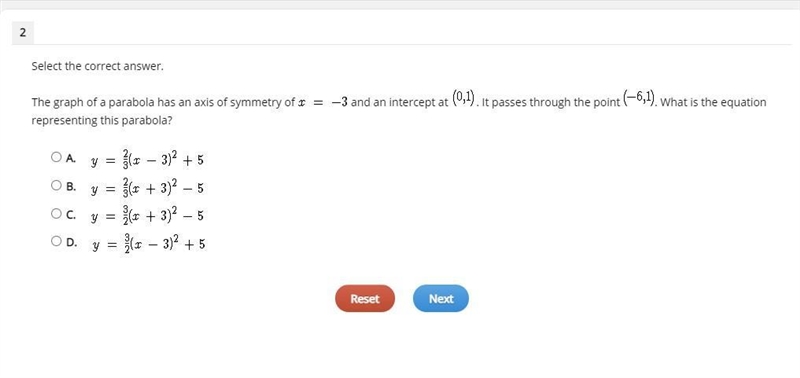 The graph of a parabola has an axis of symmetry of and an intercept at . It passes-example-1