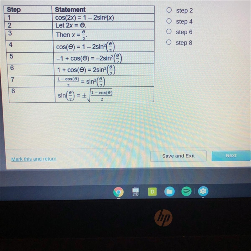 Review the proof step statement 1 cos(2x) = 1-sin^2(x)-example-1