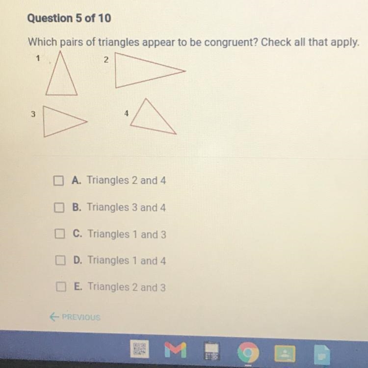 Nhich pairs of triangles appear to be congruent? Check all that apply. 1 2 فية 4 A-example-1