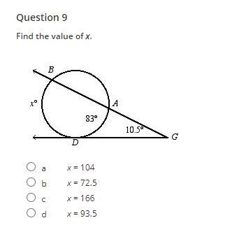 Find the value of x. a x = 104 b x = 72.5 c x = 166 d x = 93.5-example-1