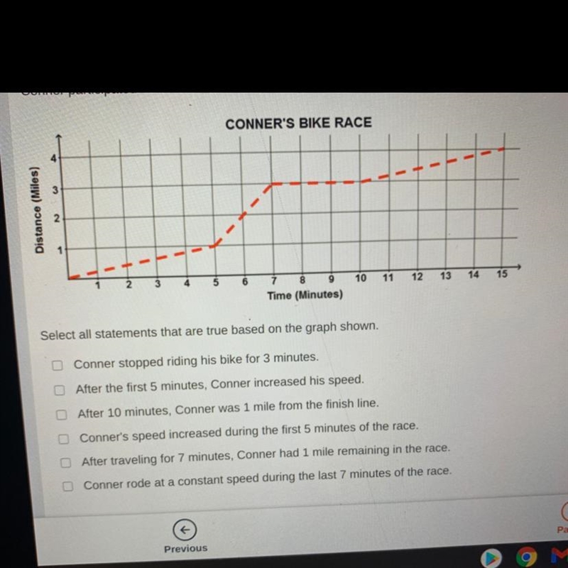 conner participated in a 4 mile bike race. the graph below represents conners race-example-1