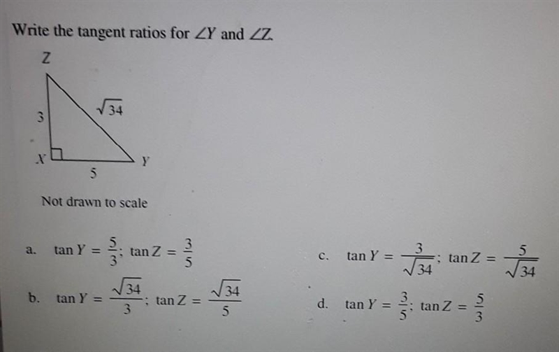 Write the tangent ratios for Y and Z. help asap​-example-1