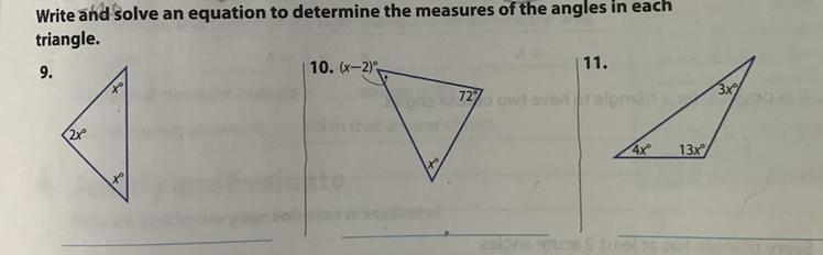 Write and solve an equation to determine the measures of the angles in each triangle-example-1