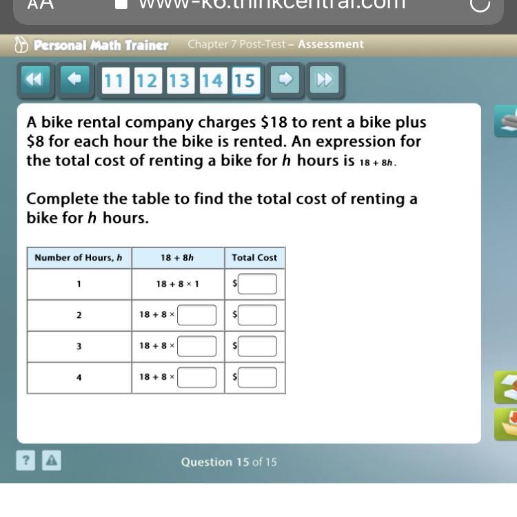 A bike rental company charges $18 to rent a bike plus $8 for each hour the bike is-example-1