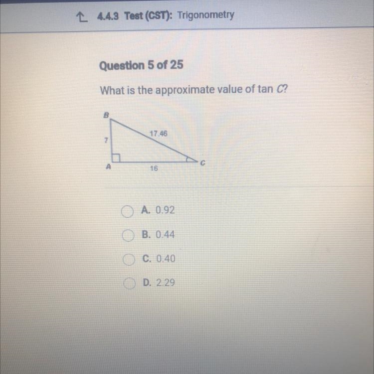 What is the approximate value of tan c? A. 0.92 B. 0.44 C. 0.40 D. 2.29-example-1