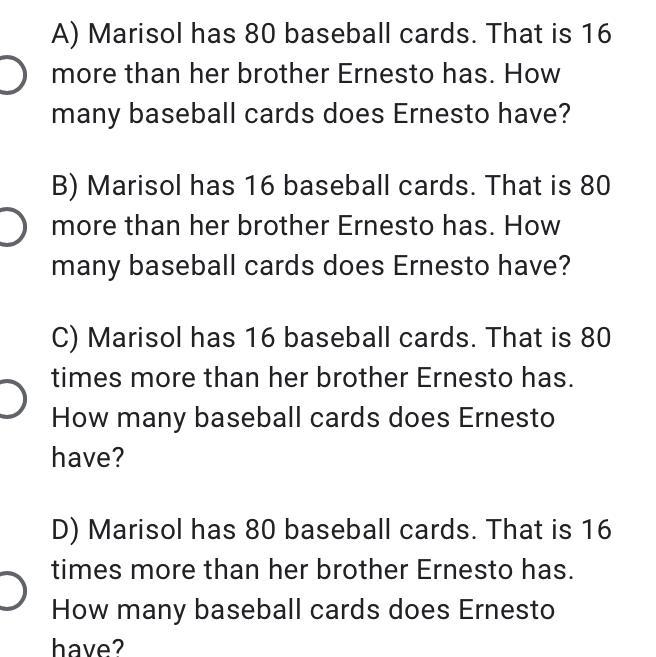 Which of these problems could be solved using the equation 16x=80.-example-1