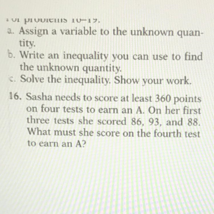 Sasha needs to score at least 360 points on four tests to earn an A. On her first-example-1