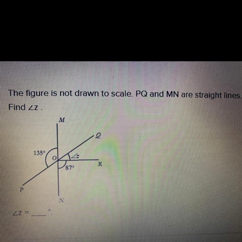 The figure is not drawn to scale. PQ and MN are straight lines. Find ZZ helpppp-example-1