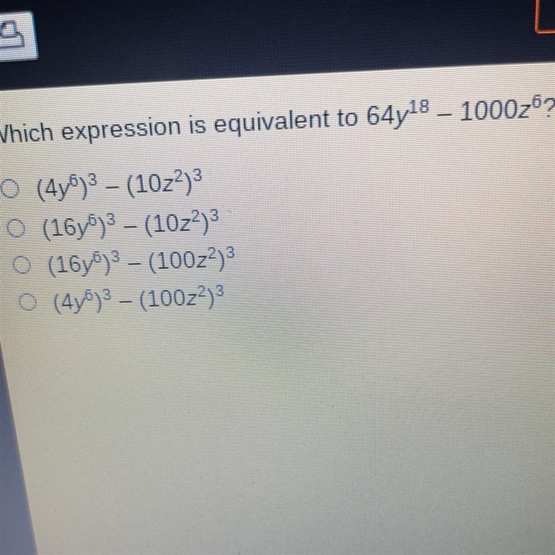 Which expression is equivalent to 64y^18 - 1000z^6?-example-1