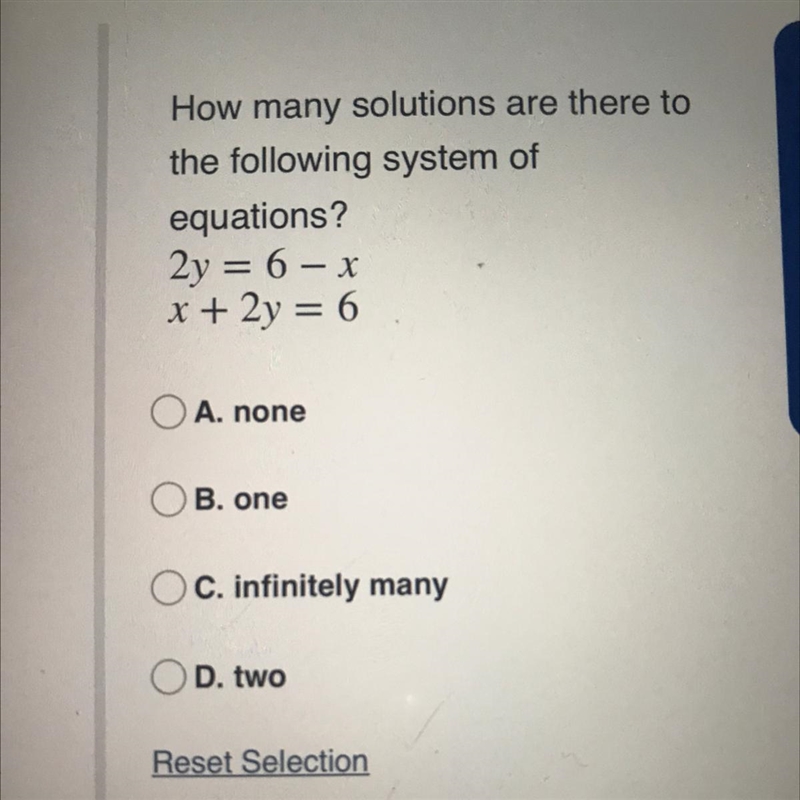 How many solutions are there to the following system of equations? 2y = 6 - x x + 2y-example-1