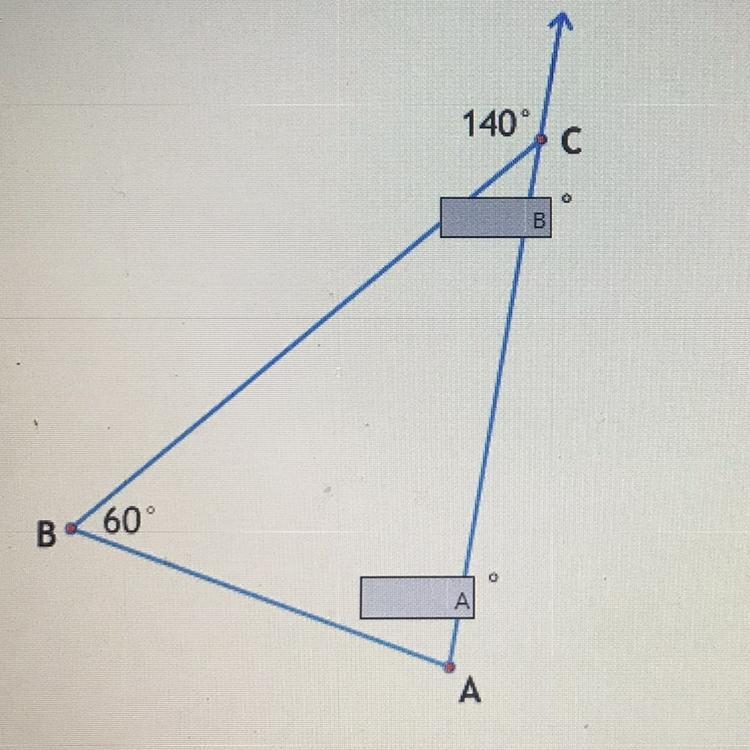 Geometry problem, Fill in the two blanks with the missing angle measures for the triangle-example-1