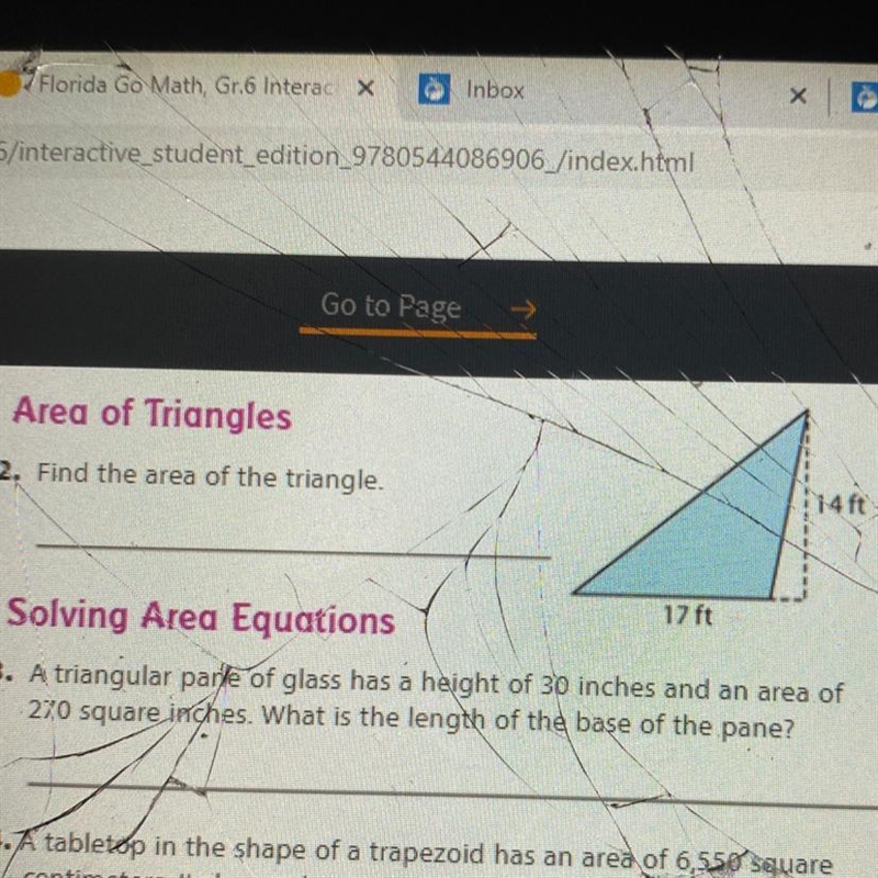 13.2 Area of Triangles 2. Find the area of the triangle. 14 ft 17 ft-example-1