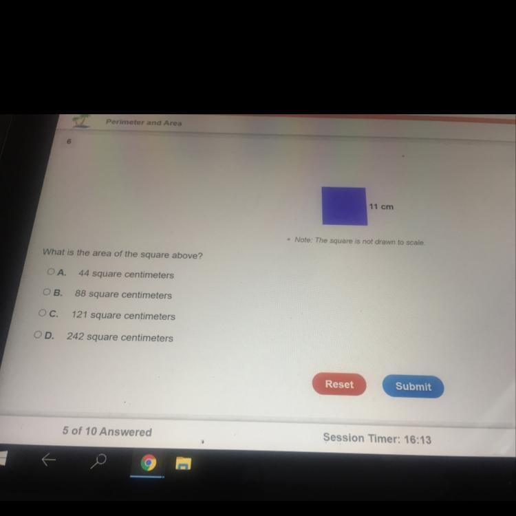 What is the area of the square above A. 44 square centimeters B.88 square centimeters-example-1