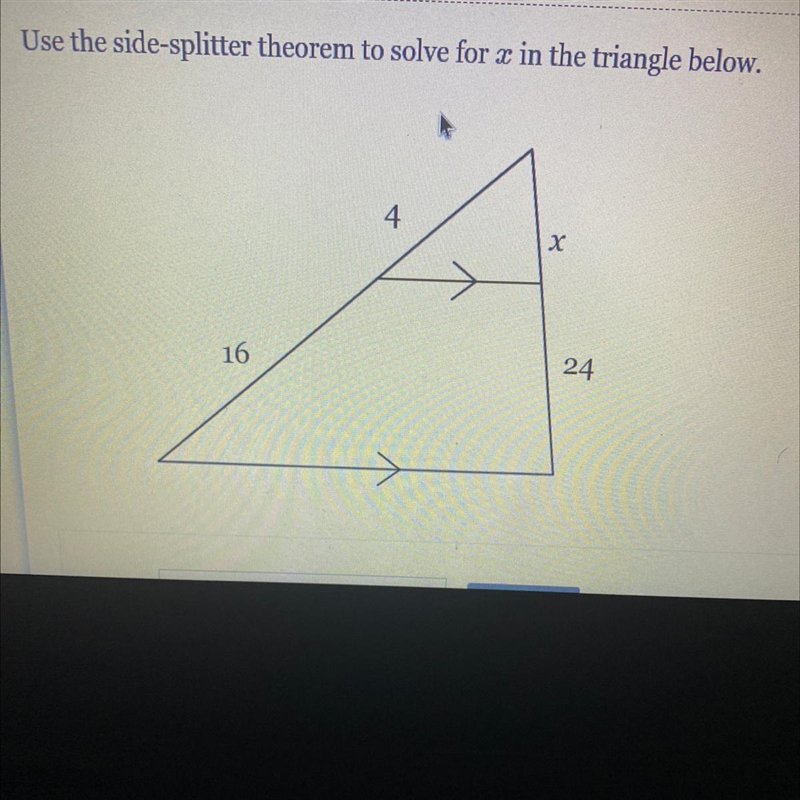 Use the side-splitter theorem to solve for x in the triangle below.-example-1