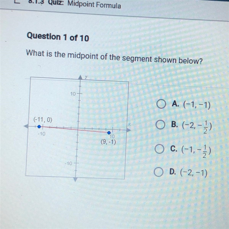 What is the midpoint of the segment shown below? 10 O A. (-1,-1) (-11, 0) O B. (-2, -3) O-example-1