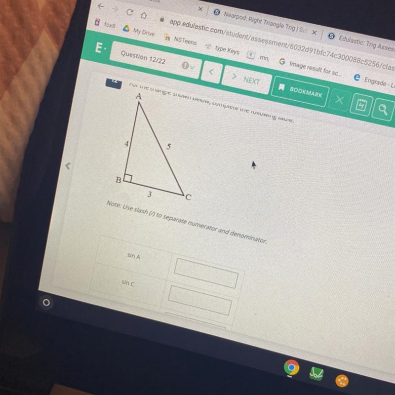 For the triangle shown below, complete the following table.-example-1