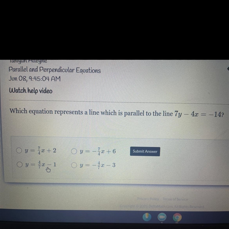 Which equation represents a line which is parallel to the line 7y-4x=-14-example-1