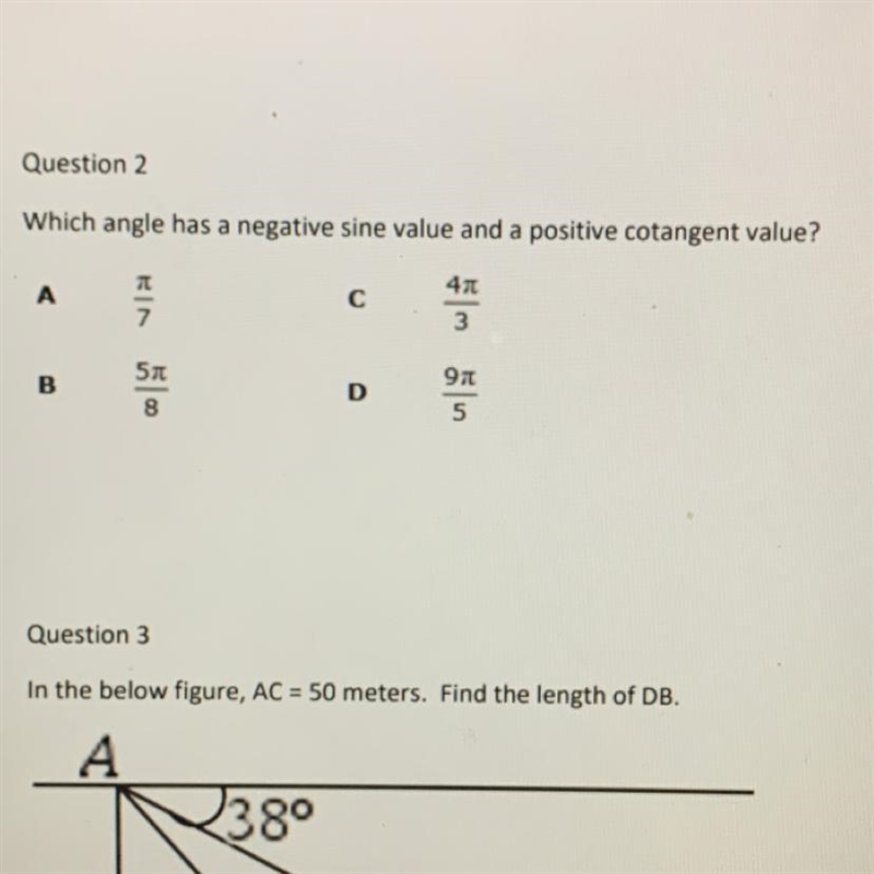 Which angle has a negative sine value and a positive cotangent value?-example-1