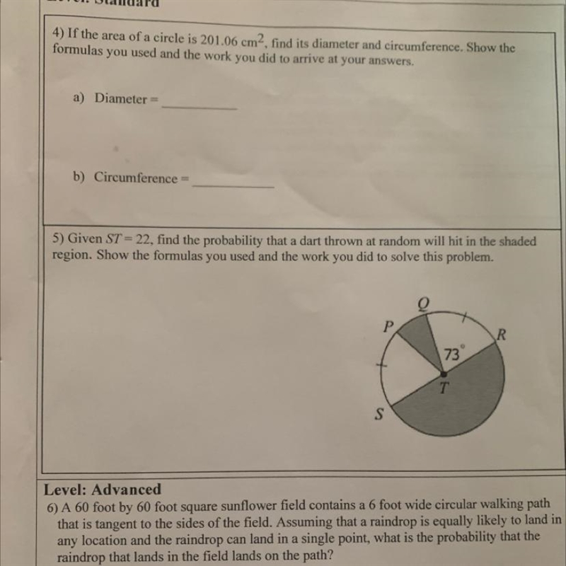 5) Given ST = 22, find the probability that a dart thrown at random will hit in the-example-1