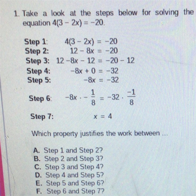 1. Take a look at the steps below for solving the equation 4(3 - 2x) = -20. Step 1: 4(3 - 2x-example-1