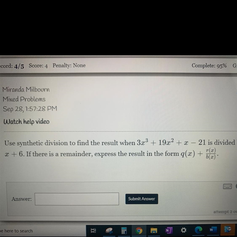 Use synthetic division to find the result when 3x3 + 19x2 + x - 21 is divided by re-example-1