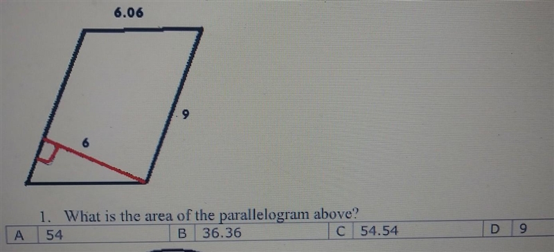 What is the area of the parallelogram above! A.54 B.36.36 C.54.55 D 9​-example-1