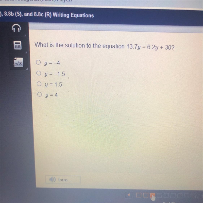 What is the solution to the equation 13.7y= 6.2y+ 30?-example-1