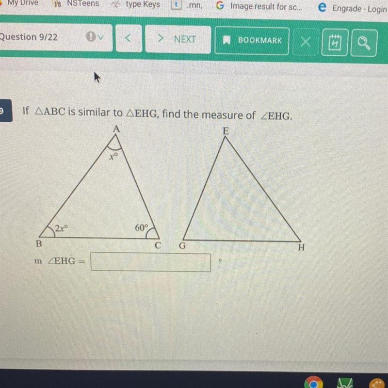 If triangle ABC is similar to triangle EHG, find the measure of angle EHG.-example-1