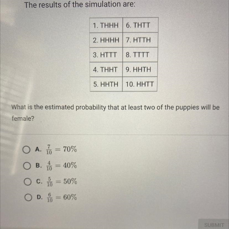 Parker's dog will be having four puppies. Parker performs a simulation by tossing-example-1