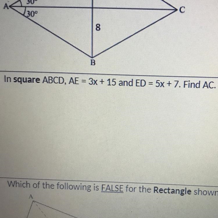 In square ABCD, AE = 3x + 15 and ED = 5x + 7. Find AC.-example-1